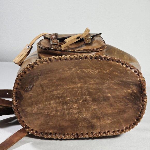 Vintage Handmade In Mexico Sturdy Brown Leather Backpack Cinch & Buckle - Picture 9 of 14